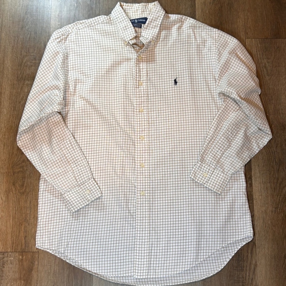 Vintage Ralph Lauren Yarmouth Mens 16-33 Tan Grid Check Cotton Button Down Shirt